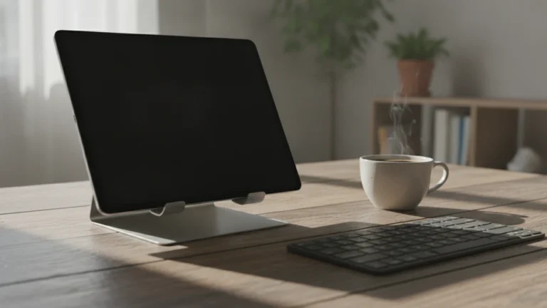 Tablet na stojánku na dřevěném stole s klávesnicí