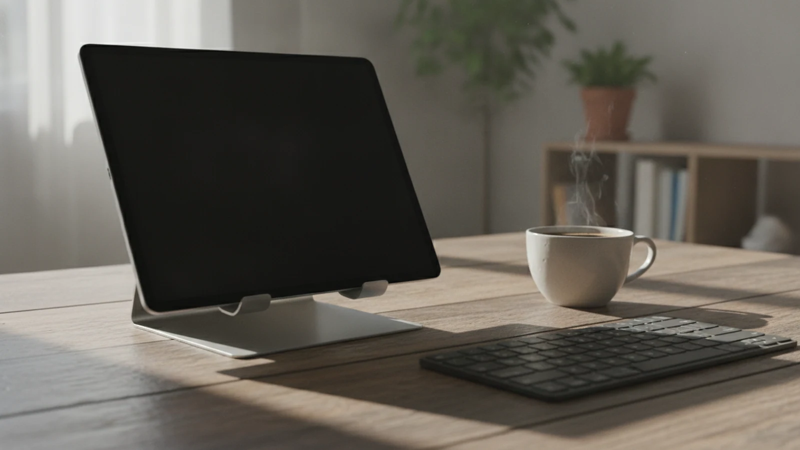Tablet na stojánku na dřevěném stole s klávesnicí