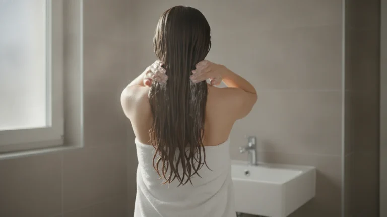 Žena nanáší kondicionér do délek mokrých vlasů