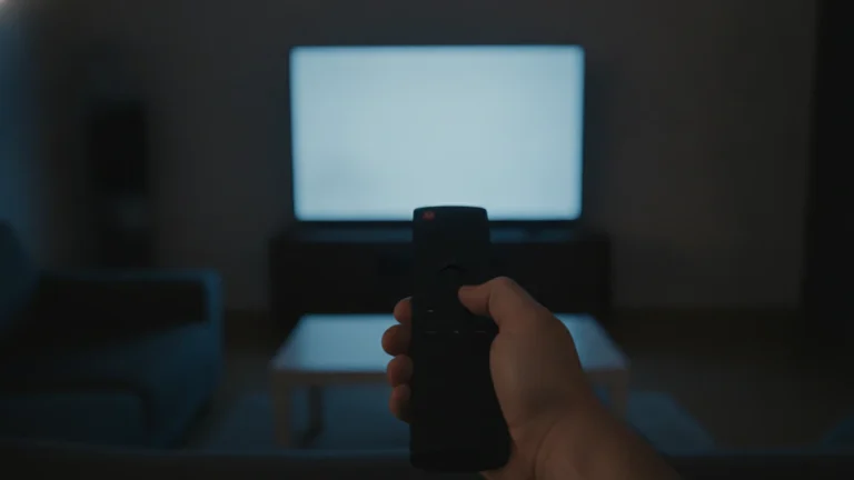 Dálkový ovladač a televize v tmavém pokoji