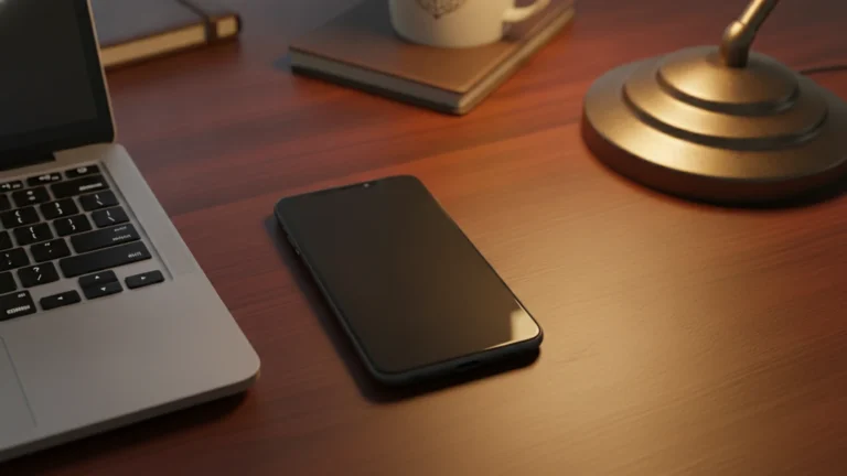 Telefon a klávesnice notebooku na tmavém stole