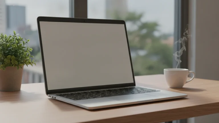 Notebook s odleskem okna na stole