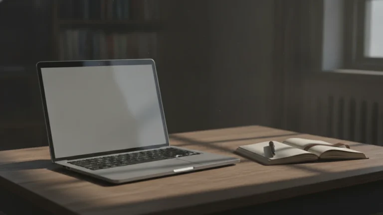 Notebook a zápisník na stole v tlumeném světle
