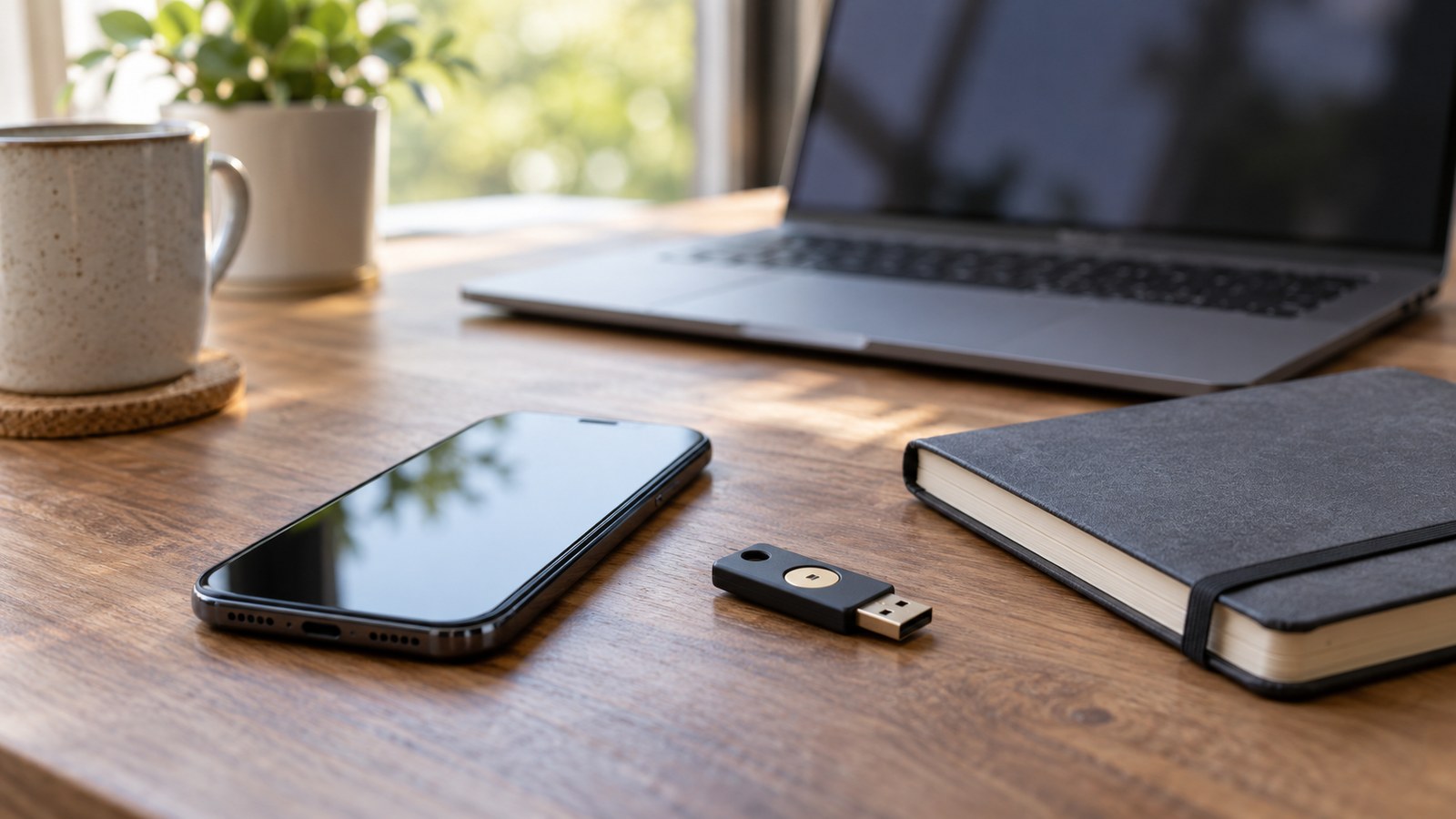 Telefon a bezpečnostní USB klíč na pracovním stole.