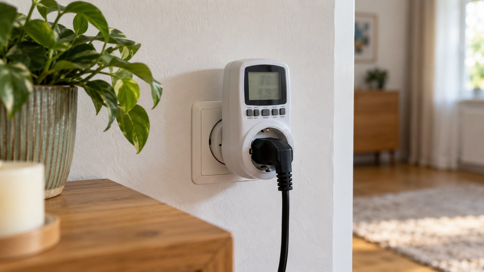 Zásuvkový wattmetr s připojenou zástrčkou spotřebiče.