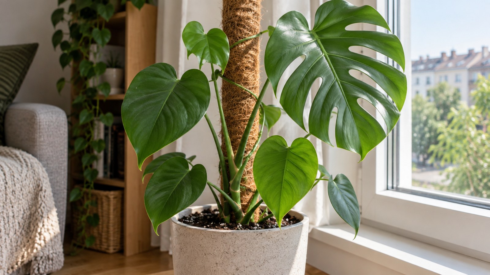 Mladá monstera s celými listy a jedním větším členěným listem u opory.