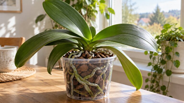Nekvetoucí Phalaenopsis v průhledném květináči s kůrou a viditelnými kořeny.