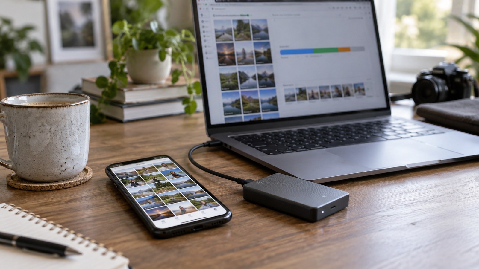 Telefon, externí disk a notebook s fotografiemi.