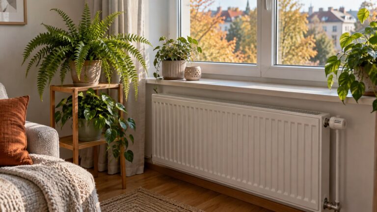 Pokojové rostliny na stolku vedle okna a radiátoru.