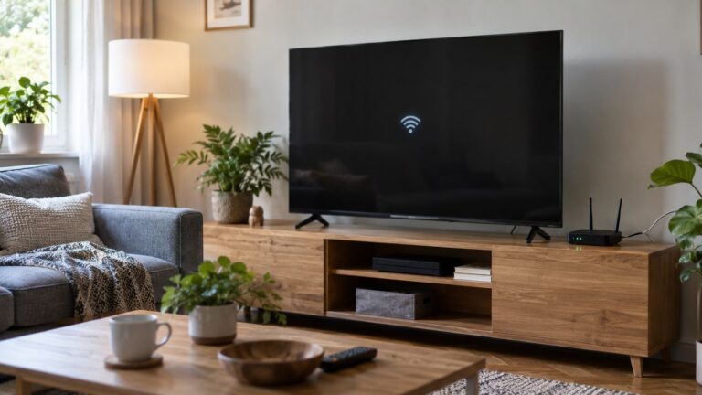 Televizor a domácí Wi-Fi router v obývacím pokoji.