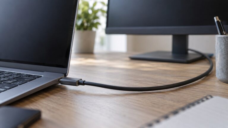 USB-C kabel připojený k notebooku vedle monitoru.